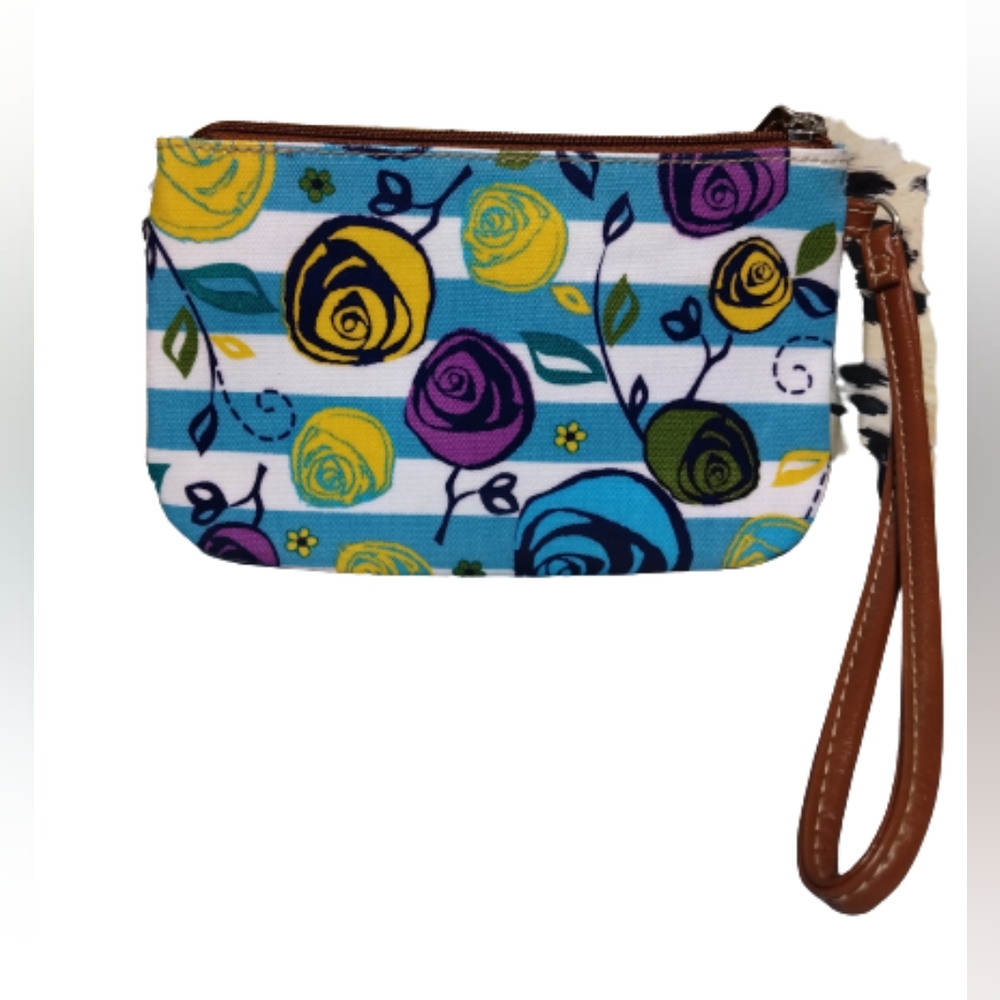 Roses wrestling blue and white stripes yellow purple flowers wristly wallet